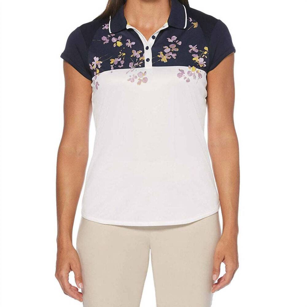 NEW PGA TOUR women's floral print colorblocked golf polo in peacoat